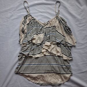 Chaser Cream and Blue Striped Ruffle Tank Top